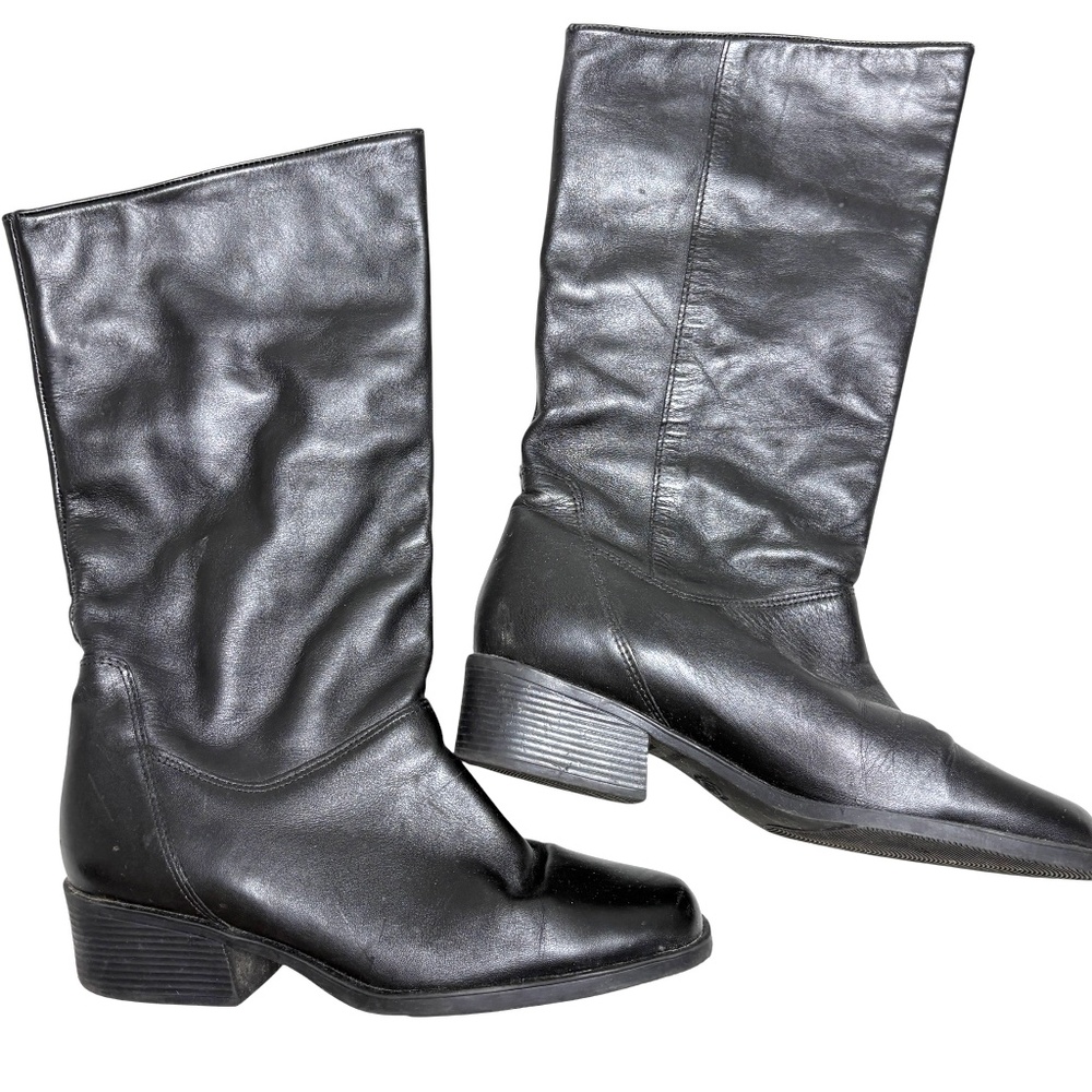 boots NATURALIZER 8 black leather square toe 1.5" heel 14" calf 12" high pull-on
